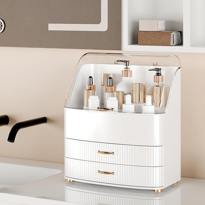 Plukers Makeup Organizer Countertop Vanity with Transparent Lid Drawers Waterproof Dustproof Cosmetic Skincare Bathroom Storage Gift for Women Teens Girls (Whtie)
