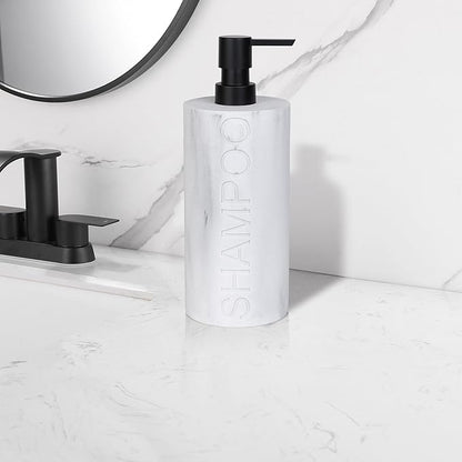 Indecor Home Resin White Marbled Shampoo Engraved Bottle Refillable Pump Dispenser, Durable Waterproof Construction for Bath, Shower - Resin White Marble - Matte Black Pump