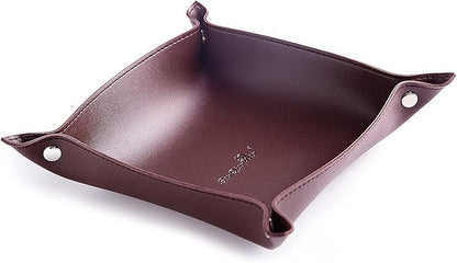 SANQIANWAN Leather Jewelry Valet Tray for Women and Man, Portable Entryway Table Tray Bedside Nightstand Desk Tray Small Catchall Travel Dish Plate for Key,Wallet,Watch,Coin(8x8, Deep Brown-B)