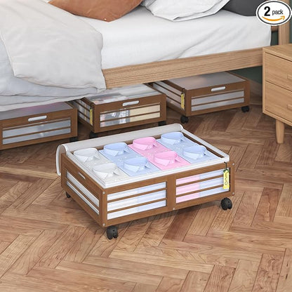 Bamboonova Bamboo Underbed Storage Containers with Wheels & Bag 2 Pack, Large Under Bed Rolling Storage Bins Wood Under Bed Clothes Storage Stackable Drawers for Bedroom Closet Under Crib Toy(Walnut)