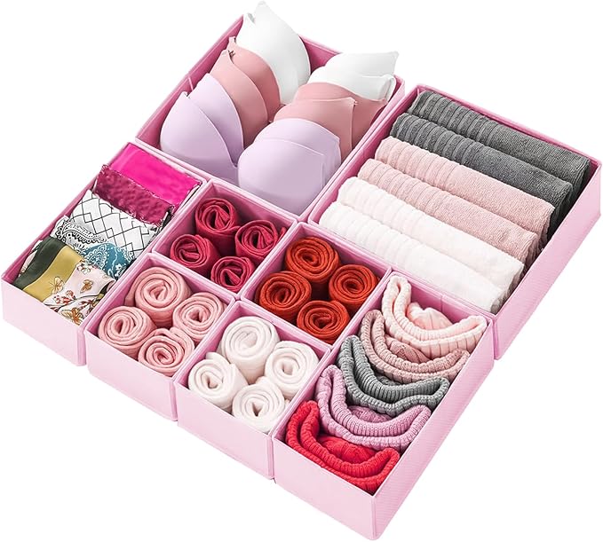 Mooisco 8 Pack Drawer Organizer Clothes, Fabric Closet Organizers and Storage, Foldable Cloth Storage Bins for Underwear Socks, Bra, Ties, Scarf, Belt, Hair Accessories, Pink
