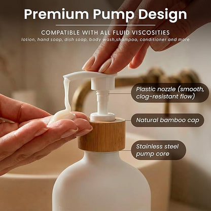 MaisoNovo Glass Hand Soap Dispenser | Dish Soap Dispenser for Kitchen | 16.9oz White Bottles with White Bamboo Pump | Bathroom Lotion Dispenser