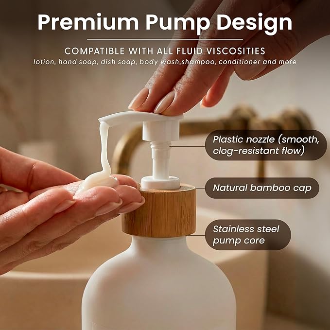 MaisoNovo Glass Soap Dispenser Bathroom Set | Hand Soap and Dish Soap Dispenser Set | 16.9oz White Bottles with White Bamboo Pump | Bathroom Lotion Dispenser with Pump Set of 2