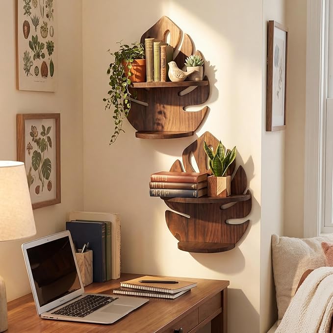 2 Pack Double Layer Palm Leaf Wall Shelves 15.8 x 12.4 Inch Wooden Hanging Shelves with Vintage Hollow Design, Tropical Wall Art for Living Room, Kitchen, Bedroom, Office Decor