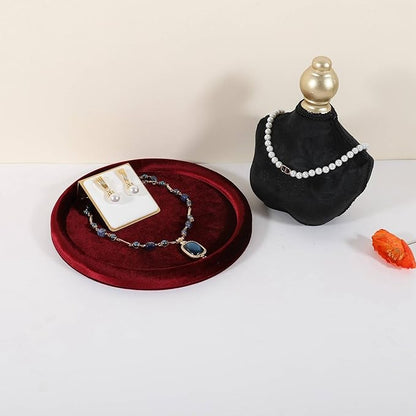 GemeShou Round Jewelry Organizer Plate, Top Microfiber Velvet Jewelry Display Tray, Empty Jewelry Showcase Tray for Necklaces, Bracelets, Rings, Earrings (Red-Large, 9.8 x 9.8 in)