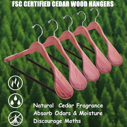 Amber Home 5 Pack American Red Cedar Wood Coat, Suit Hangers with Extra Wide Shoulder, Wooden Jacket Clothes Hanger Smooth Deluxe Aromatic Natural Cedar with Non Slip Velvet Pant Bar