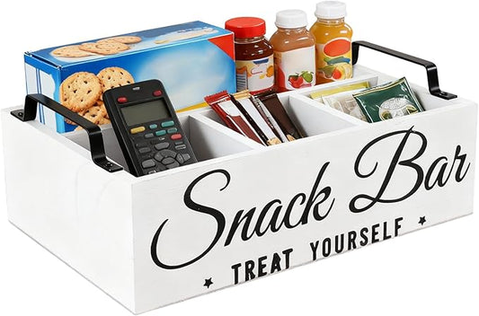 Snack Organizer for Countertop, Wood Pantry Storage Bins with Handles, Snack Bar Organizer for Pantry Shelf, 4 Compartment Food Container Box, Kitchen Storage Organizer for Nut,Chips,Beverage (White)