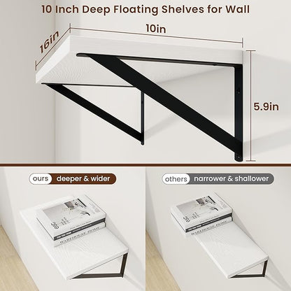 Axeman Deep Floating Shelves | 16 Inch White Wall Shelves Set of 2 | 10 Inch Deep Wood Floating Shelves for Wall | 16" W x 10" D White Shelves for Living Room Bathroom Kitchen