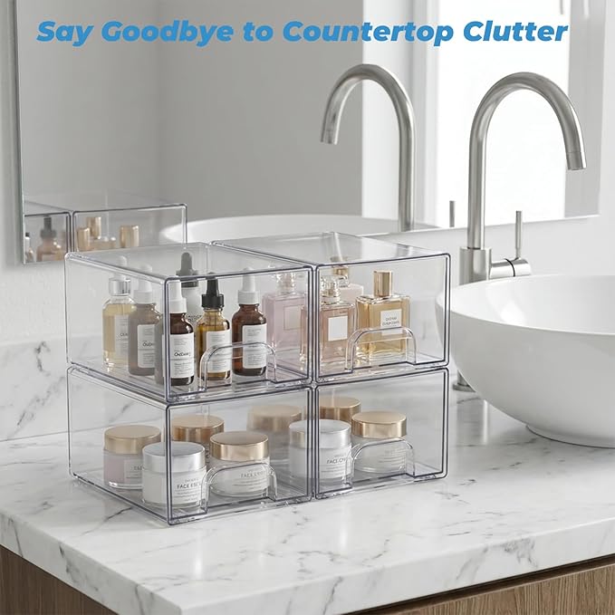 Stowgo Acrylic Drawers Stackable Organizers, 2 Pack Clear Storage Bins for Bathroom Vanity & Countertop, Non-Slip Container for Makeup, Skincare, Hair Accessories & Toiletries