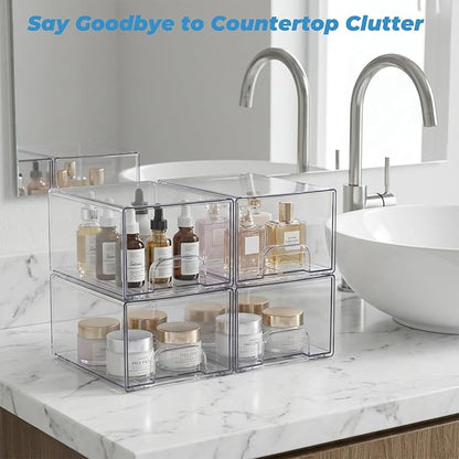 Stowgo Acrylic Drawers Stackable Organizers, 2 Pack Clear Storage Bins for Bathroom Vanity & Countertop, Non-Slip Container for Makeup, Skincare, Hair Accessories & Toiletries