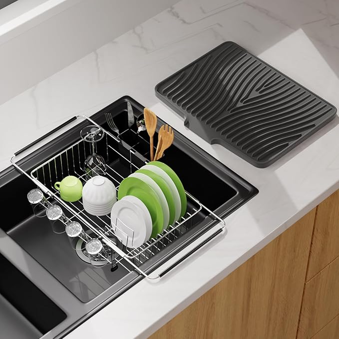 Dish Drying Rack in Sink With Non-Slip Silicone Mat Set, Expandable Carbon Steel Dish Drainers for Kitchen Counter, Bowl Dryer Rack Mat for Inside Sink, Over The Sink D ish Racks(COLOR:Grey+Silver)