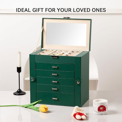 Frebeauty Large Jewelry Box,6-Tier PU Leather Jewelry Organizer,Multi-functional Storage Case with Mirror,Accessories Holder with 5 Drawers for Necklace Bracelets Watches(Blackish Green)