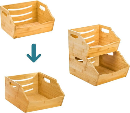 2 Pack Bamboo Stackable Storage Bin, Countertop Open Front Stacking Bins, 2 Tier Organize Basket Box with Handle, Food Fruit Container for Cabinet, Kitchen, Studio, Office