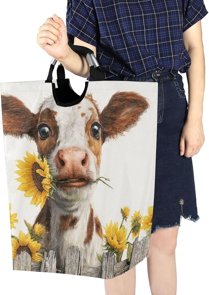 Laundry Hamper Basket Fall Farm Cow White Storage Basket Collapsible Laundry Bag with Handle Decorative Organizer Bins Basket for Laundry Room Decor Bedroom Dorm