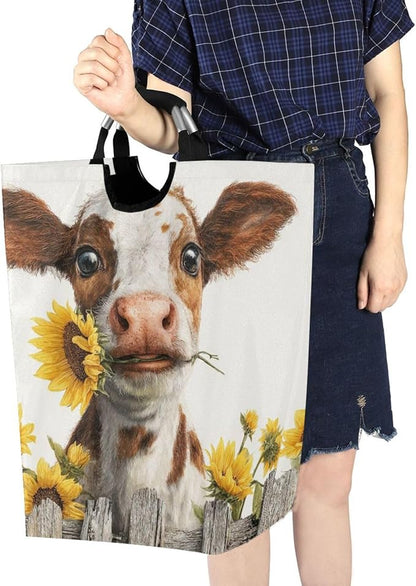 Laundry Hamper Basket Fall Farm Cow White Storage Basket Collapsible Laundry Bag with Handle Decorative Organizer Bins Basket for Laundry Room Decor Bedroom Dorm