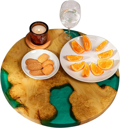 Handmade 16" Wood and Epoxy Resin Lazy Susan, Turntable for Kitchen Countertop, Rotating Display Stand, Round Wooden Platter, Organizer and Storage for Dining Table (Clear green Light wood)