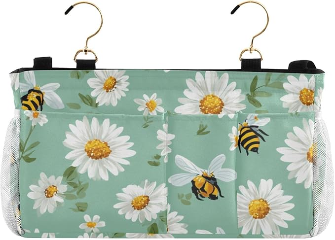 CuwrYet Bedside Caddy Hanging Bunk Bed Caddy Bed Organizer Hanging Pocket with 2 Hooks Bedside Storage Organizer Pocket Bag Holder Mint Green Daisy Flowers and Bees