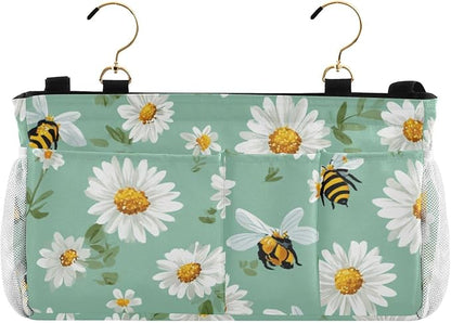 CuwrYet Bedside Caddy Hanging Bunk Bed Caddy Bed Organizer Hanging Pocket with 2 Hooks Bedside Storage Organizer Pocket Bag Holder Mint Green Daisy Flowers and Bees