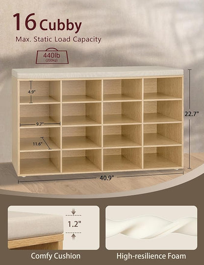DINZI LVJ Shoe Storage Bench with Cushion, 16-Cubby Shoe Rack, Adjustable Shelves, 40.9" Long Shoe Organizer Bench for Entryway, Mudroom, Hallway, Garage, Natural and Cappuccino Beige