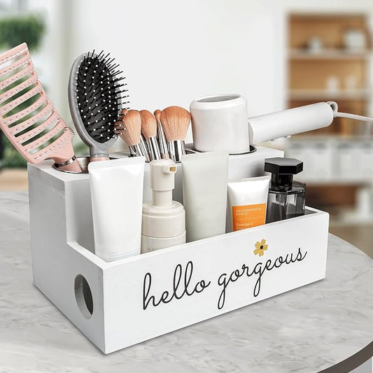 Cokritsm Wooden Hair Dryer Holder Wall-Mounted - 2 Tier Bathroom Storage Shelf Cosmetic & Hairdressing Tools Organizer for Bathroom Countertop/Vanity White