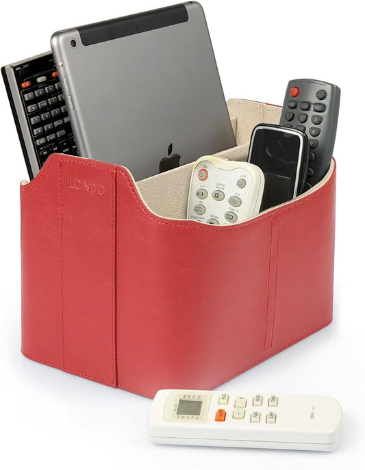Londo PU Leather Remote Control Holder, Office Supplies Desk Organizer with Tablet Slot, Makeup Brush and Utensils Cube, Large Capacity Desk Caddy With 5 Compartments