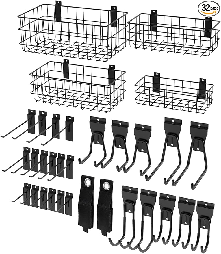 AZUNO 32Pcs Slatwall Accessories Set with 4 Slatwall Baskets & 26 Multi-Sized Slatwall Hooks and 2 Heavy-Duty Storage Straps for Garage, Workshop, and Home Organization Storage