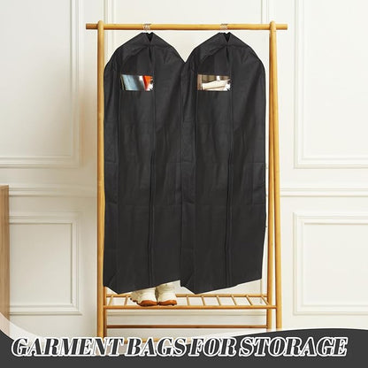 2 Pcs 10" Gusseted Garment Bags for Hanging Clothes Dress Bags for Gowns Long Closet Waterproof Garment Covers Wedding Dress Cover Traveling Clothes Protector(Black,65 Inch)
