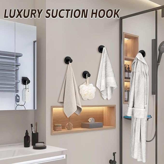 Supopular Reusable Heavy Duty Suction Cup Hooks for Kitchen/Bathroom/Shower - Wet-Proof Hooks for Towels, Robes, Loofah&Wreaths/No Drill Mounting on Glass, Tile, Metal (2, Matte Black)