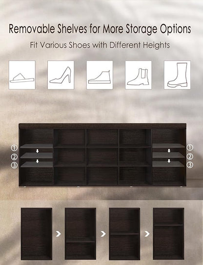 DINZI LVJ Shoe Storage Bench with Cushion, 15-Cubby Shoe Rack, Adjustable Shelves, Long Shoe Organizer Bench for Entryway, Mudroom, Hallway, Living Room, Bedroom and Garage, Espresso