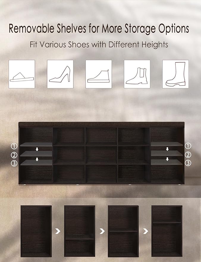 DINZI LVJ Shoe Storage Bench with Cushion, 13-Cubby Shoe Rack, Adjustable Shelves, Multifunctional Shoe Organizer Bench for Entryway, Mudroom, Hallway, Living Room, Bedroom and Garage, Espresso