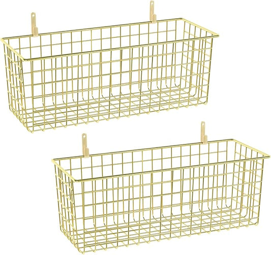 2 Sets Extra Large Hanging Wall Basket, Gold Metal Wire Baskets with Steel Hooks for Organizing, WallmountedFruit Vegetable Toy Snack Storage, Home Kitchen Bathroom Laundry Pantry Organizer