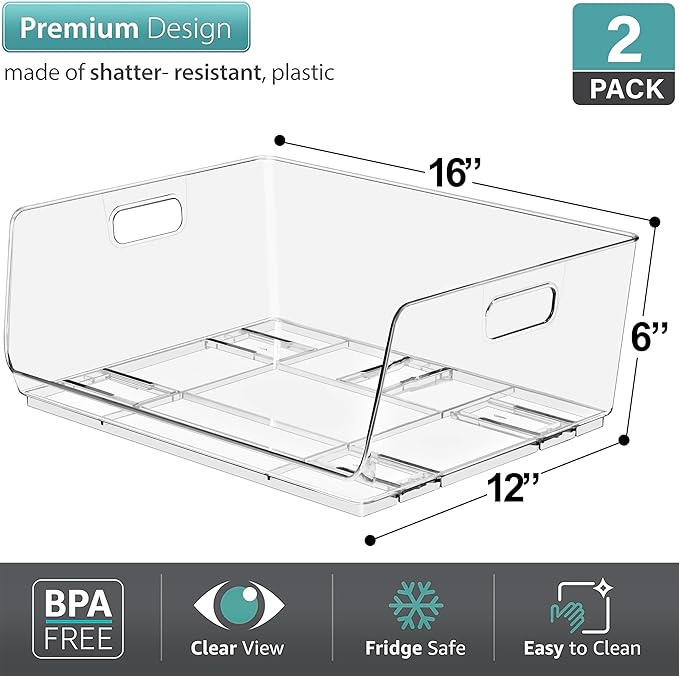 Sorbus Stackable Storage Bins - Clear Open Front Pantry Organizer for Kitchen Organization - Acrylic Bins (Large 2 Pack)