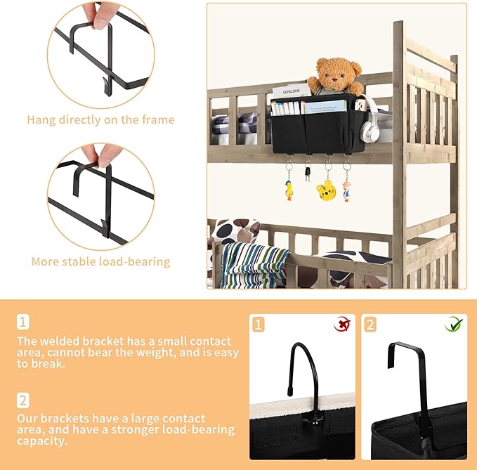 Frjjthchy Bedside Storage Organizer 5 Pockets with 4 Hooks Hanging Storage Bag for Headboards/Bunk Bed (Black)