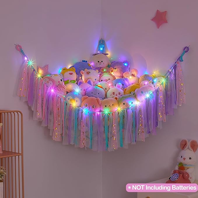 FIOBEE Stuffed Animals Net or Hammock with LED Light, Toy Hammock Hanging Stuffed Animals Storage Organizer Holder Room Décor for Nursery Kids Bedroom