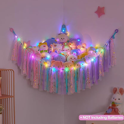 FIOBEE Stuffed Animals Net or Hammock with LED Light, Toy Hammock Hanging Stuffed Animals Storage Organizer Holder Room Décor for Nursery Kids Bedroom