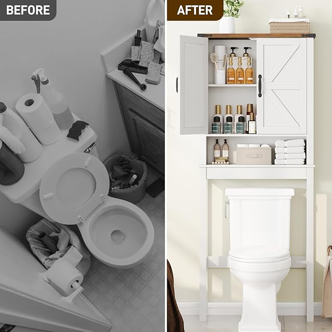 Halitaa Over The Toilet Storage Cabinet, Farmhouse Over Toilet Bathroom Organizer with 2 Barn Doors, Narrow Above Toilet Storage Cabinet, Behind Toilet Bathroom Organizer (Rustic White)