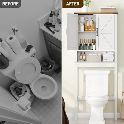 Halitaa Over The Toilet Storage Cabinet, Farmhouse Over Toilet Bathroom Organizer with 2 Barn Doors, Narrow Above Toilet Storage Cabinet, Behind Toilet Bathroom Organizer (Rustic White)