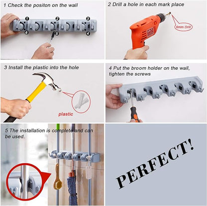 Wall Mount Broom Mop Holder Hanger Garden Tool Organizers Rack Garage Laundry Room Organizations and Storage with Hooks Heavy Duty