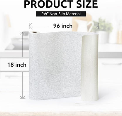 18X96 Inch Shelf Liner with Scissor & Tape Measure for Kitchen Cabinets, PVC Drawer Liner for Dresser Non-Slip Bathroom, Non-Adhesive Cabinet Liner Washable (White)