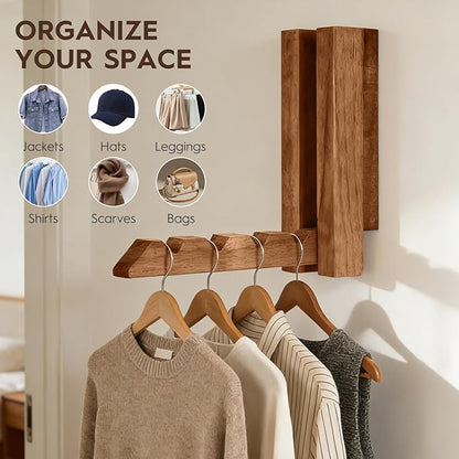 2 Pack Clothes Drying Rack Wall Mounted,Space Saver Wood Wall Mounted Folding Clothes Hanger Rack for Laundry Room,Bathrooms,Closet Storage Organization,Easy to Install