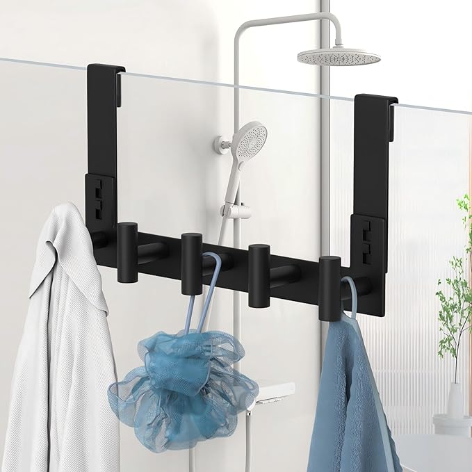 VINHOLD Extended Robe Door Hooks, Heavy Duty Stainless Steel Towel Hooks for Frameless Glass Shower Doors, Towel Hanger Rack, Shower Hooks for Bathroom (Black, 1 Pack)
