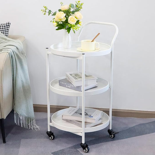 TRIROCKS 18 * 31" H Round Gold 3-Tier Rolling Bar Cart with Wheels Elegant Metal Frame Serving Cart for Kitchen, Dining Room, or Living Room Display and Storage (White)