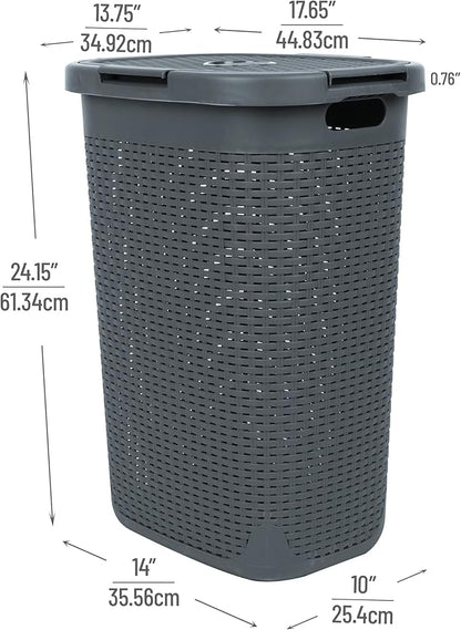 Mind Reader Slim Laundry Hamper with Lid, 60L Clothes Basket, Premium Wicker Design, Plastic, Gray