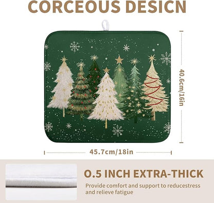 Wnoesat Green Christmas Tree Snowflakes Dish Drying Mat for Kitchen Counter 16x18 Inch Winter Xmas Holiday Dish Rack Mat Absorbent Microfiber Dish Draining Mat Reversible Drainer Pad