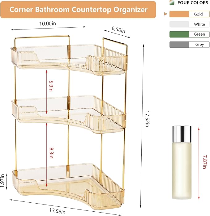 Weidace Corner Bathroom Counter Organizer Bathroom Countertop Shelf Makeup Organizer for Vanity Perfume Tray for Corner Storage (3 Tiers, Gold)