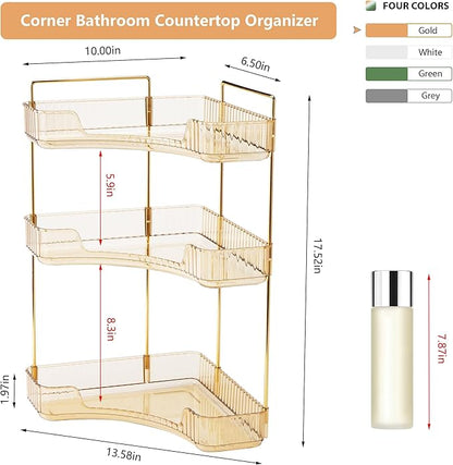 Weidace Corner Bathroom Counter Organizer Bathroom Countertop Shelf Makeup Organizer for Vanity Perfume Tray for Corner Storage (3 Tiers, Gold)