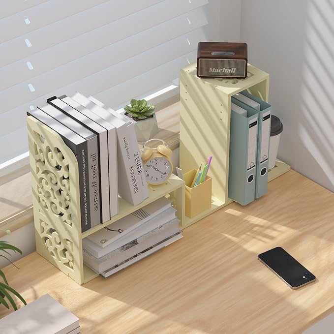 YGYQZ Adjustable Desktop Organizer Shelf – Space-Saving Desk Shelves & Desktop Bookshelf for Office, Home & Dorm – Sturdy PVC Desk Book Organizer with Non-Slip Feet, Easy Assembly