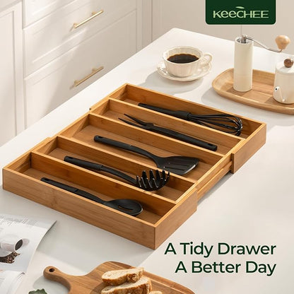 Carbonized Bamboo Kitchen Drawer Organizer, 5 Slots Expandable Silverware Organizer, Utensil Holder & Cutlery Tray, 2.2" Deep for Extra Capacity, Non-Slip Feet Included