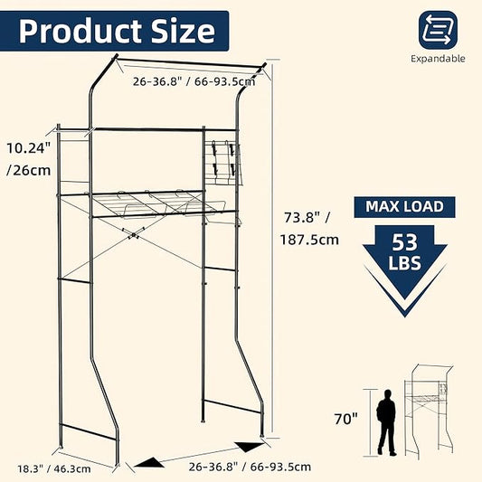 Laundry Room Storage Shelf, 2 Tier Metal Over Washer and Dryer Shelves, Washing Machine Shelf with Hanger Rods & Hooks, Expandable Bathroom Space Saver Shelf, 26–36.8" L x 18.3" W x 73.8" H, Black