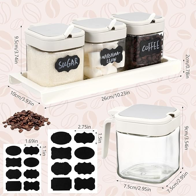 Suclain 3 Pcs Glass Coffee Containers Coffee Station Organizer Set, Airtight Bean Storage Jars with Shelf,labels,spoon, Base and Pen,for Sugar, Candy, Oats, Nuts (White)